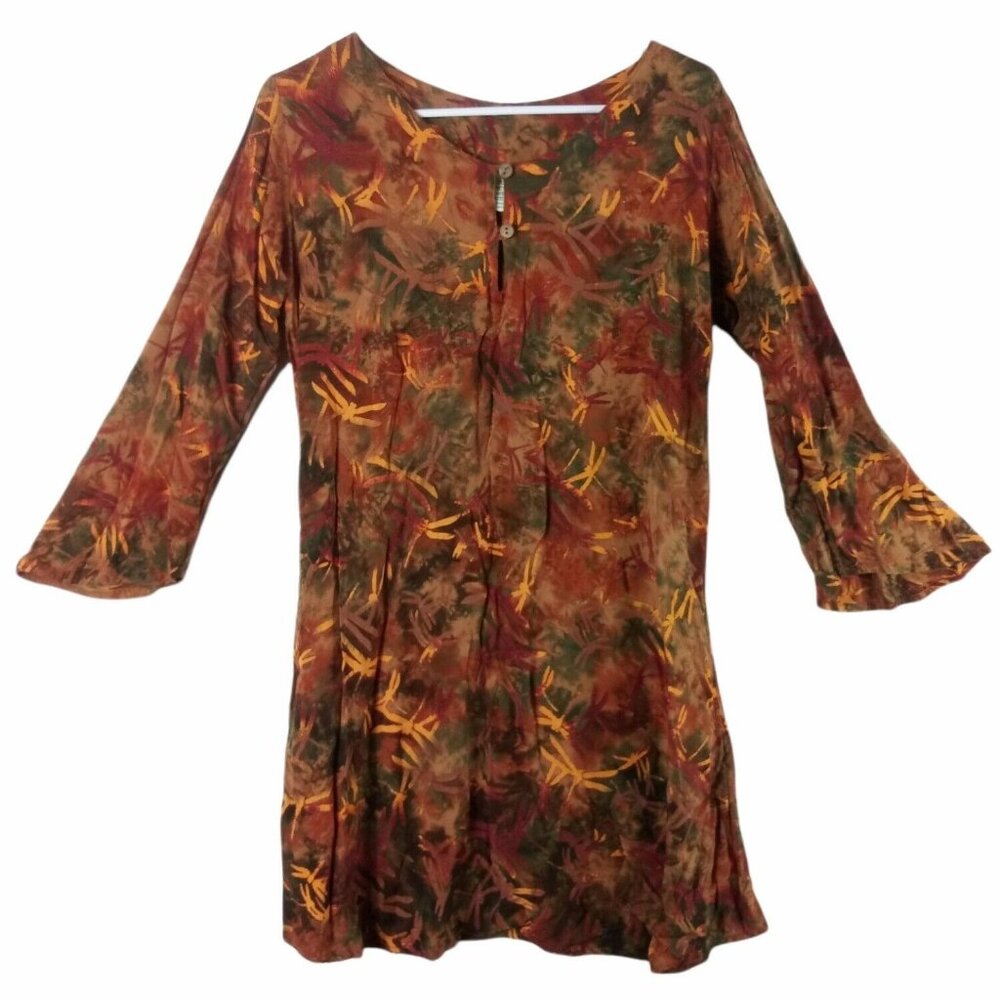 Boho Tunic Mini Dress Dragonfly Print Womens S Colorful  Pockets Whimsical